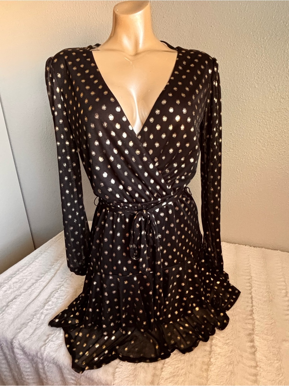 Black Wrap Dress with Gold Dot Accents Y2K Party